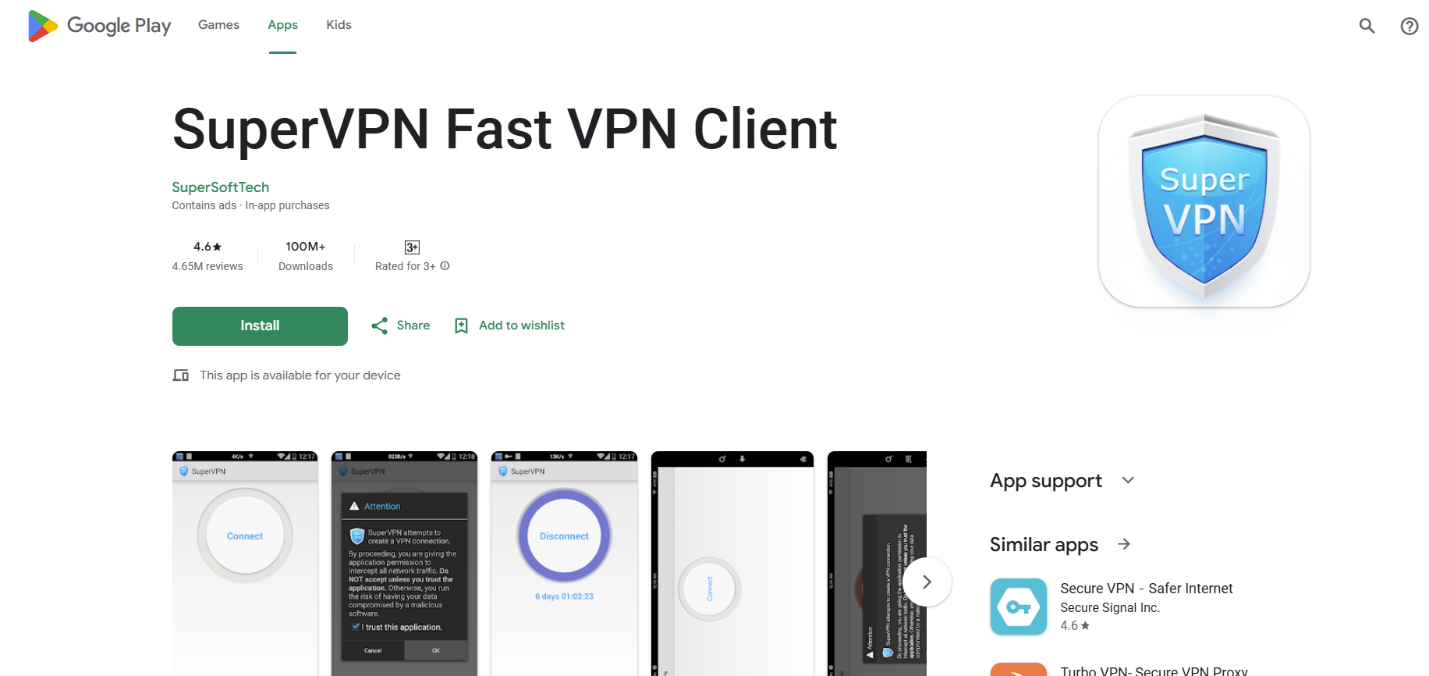 Download SuperVPN through Google Play Store