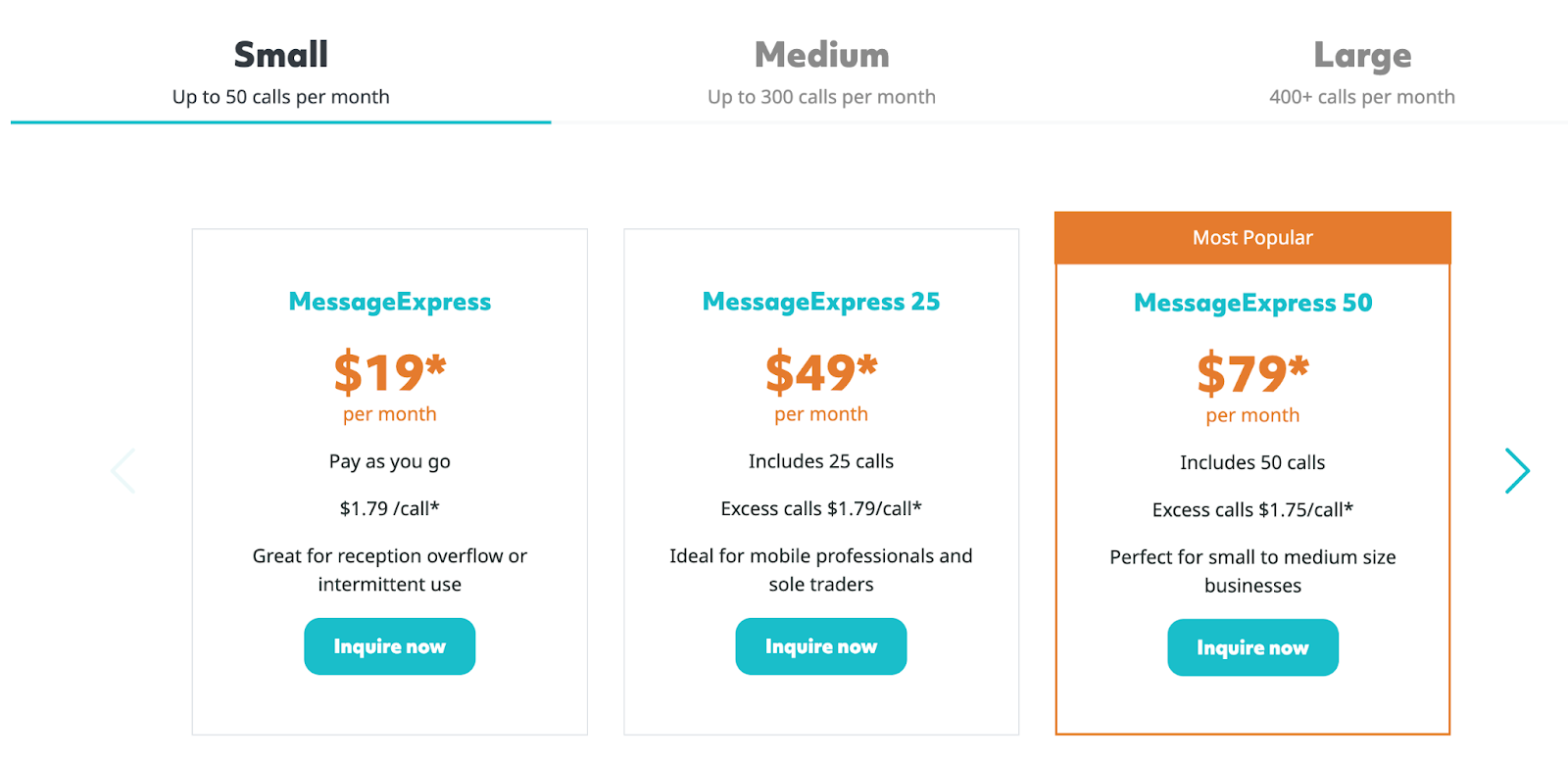 Screenshot of ReceptionHQ's pricing table