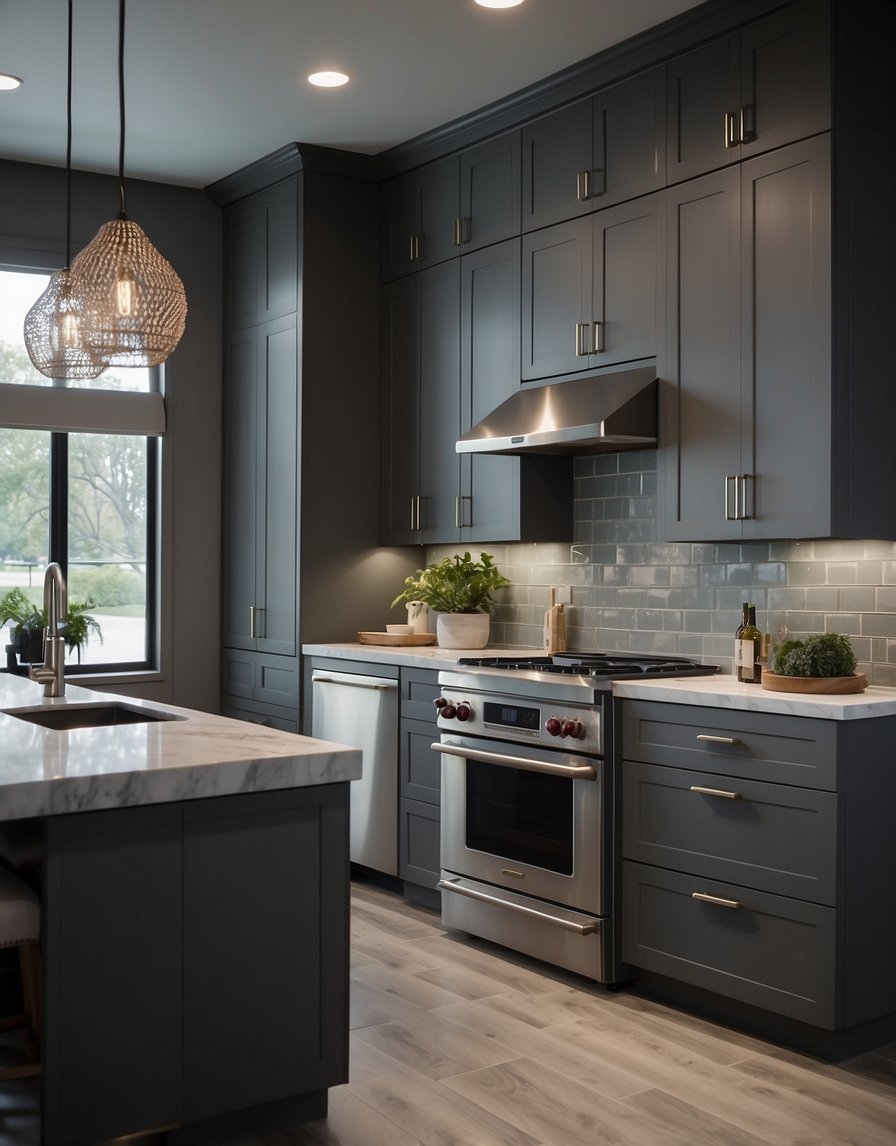 A modern kitchen with Dove Delight 32 Dark Gray cabinets, sleek countertops, and stainless steel appliances