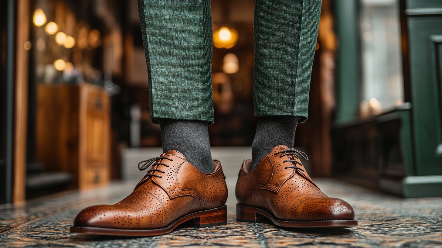 
A stylish pairing of a forest green suit with cropped trousers showcasing polished tan leather loafers and deep oxblood brogues. The loafers feature a sleek, minimal design, while the brogues have classic wingtip detailing. The background is a warm, modern interior with soft lighting reflecting off the shoes. The contrast between the suit's rich green tones and the leather's earthy hues creates a harmonious and sophisticated look