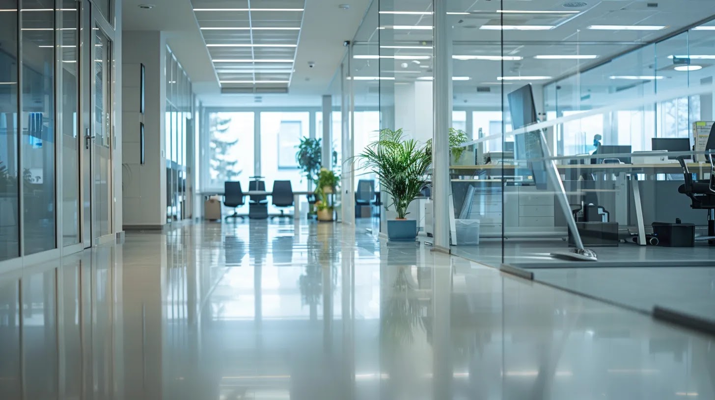 a bright and immaculate office space showcases a professional cleaning service in action, highlighting gleaming surfaces and organized workstations that evoke a sense of calm and productivity.