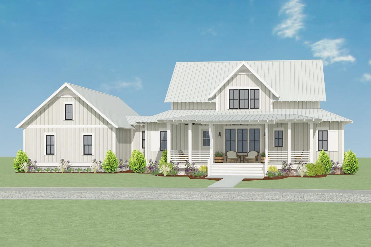 Front rendering of the two-story 4-bedroom farmhouse.