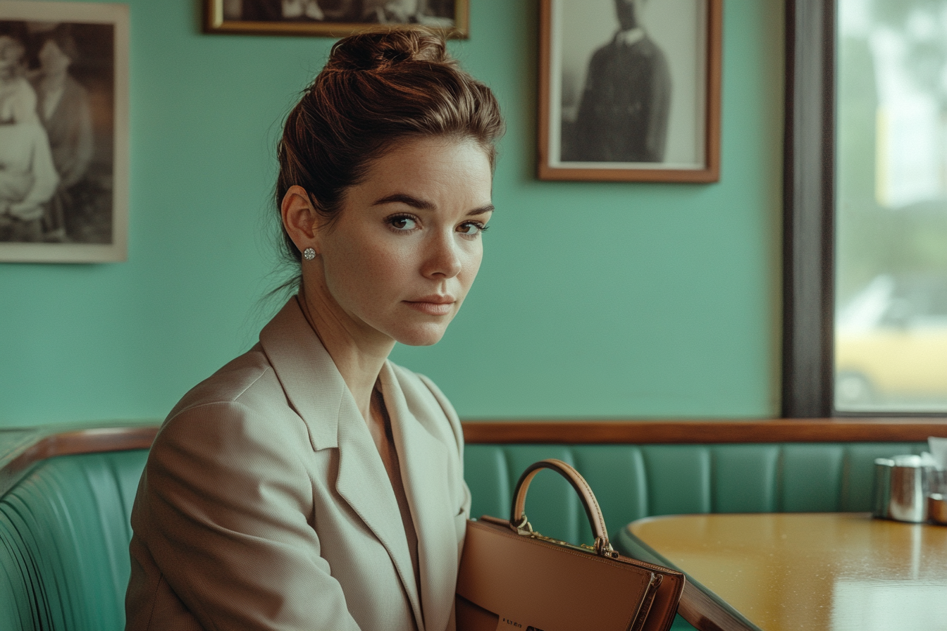 Woman in her 30s sitting in the booth of a café holding a purse and looking worried | Source: Midjourney