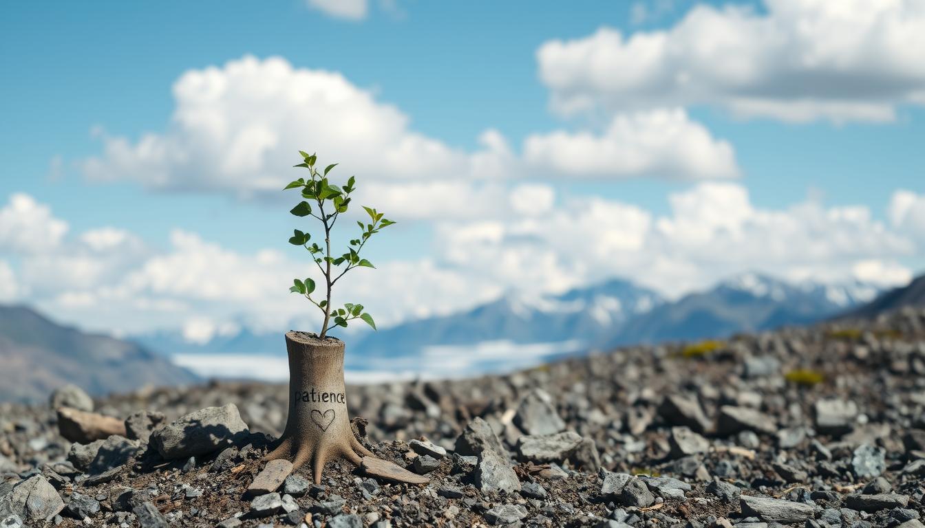 A serene landscape with a clear blue sky and fluffy white clouds. In the foreground, there is a small sapling growing amidst rocks and debris. On the trunk of the tree, there is a small heart carved into the bark with the words "patience" etched underneath it. In the distance, there is a mountain range with glaciers and snow-capped peaks. The overall feeling of the image is one of hopeful potential and perseverance despite difficulties.