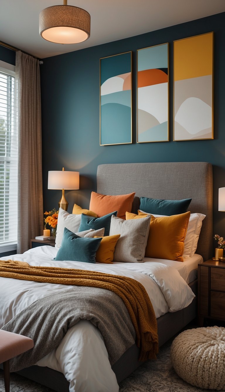 A bedroom with a bold, colorful accent wall, featuring 25 unique design ideas for couples