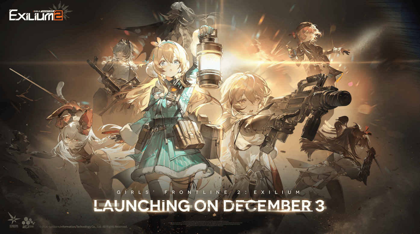 Several anime girls armed with weapons, one holding a lantern, with the words Girls Frontline 2: Exilium launching on December 3