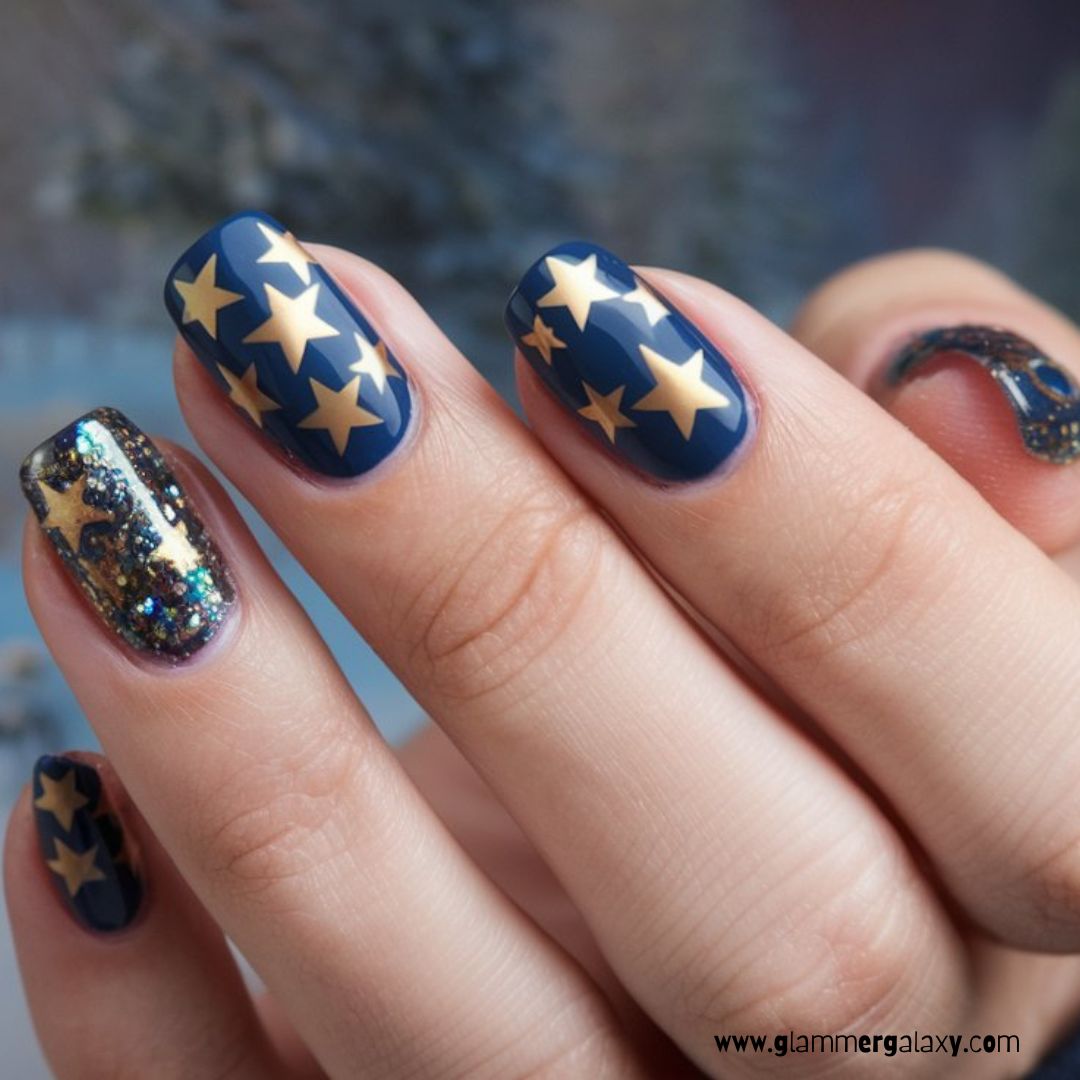 Christmas holiday Nails having Gold Stars
