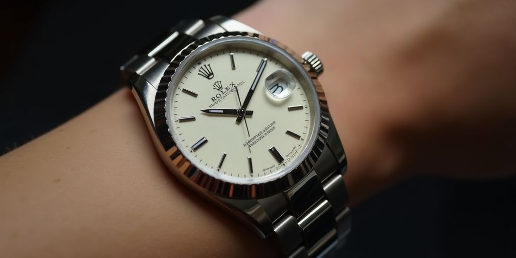 Close-up of a stylish Rolex watch on a wrist.