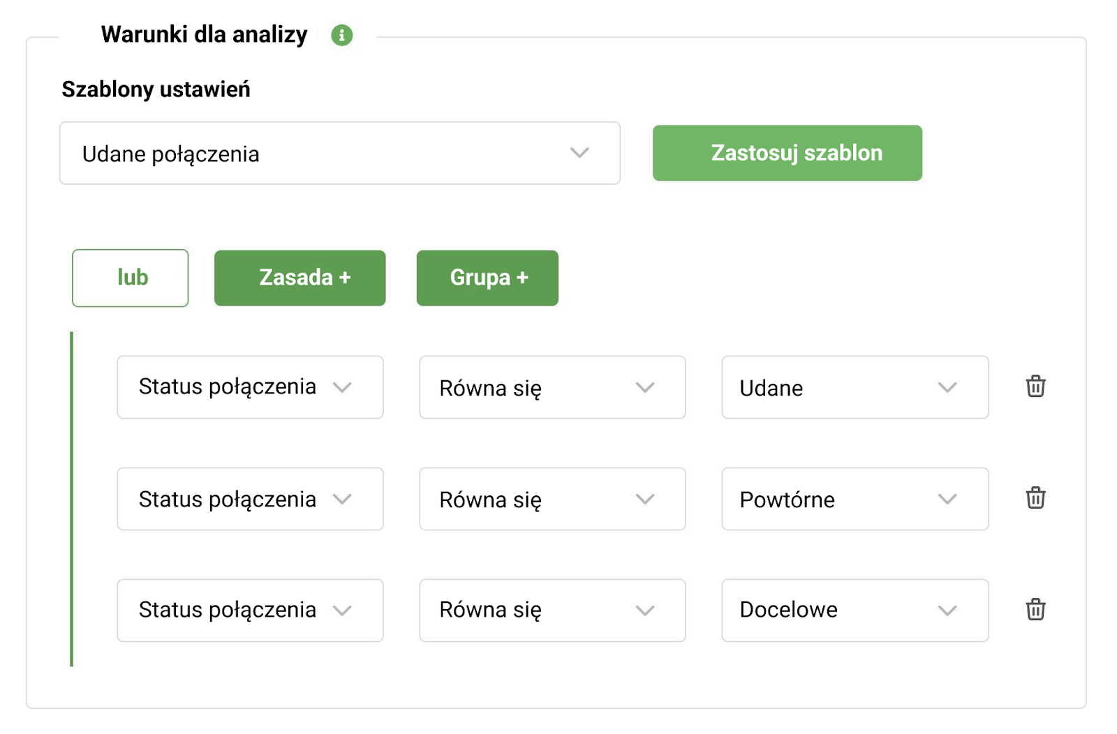 Przykład ustawienia warunków dla analizy Ringostat AI, analiza językowa Ringostat AI