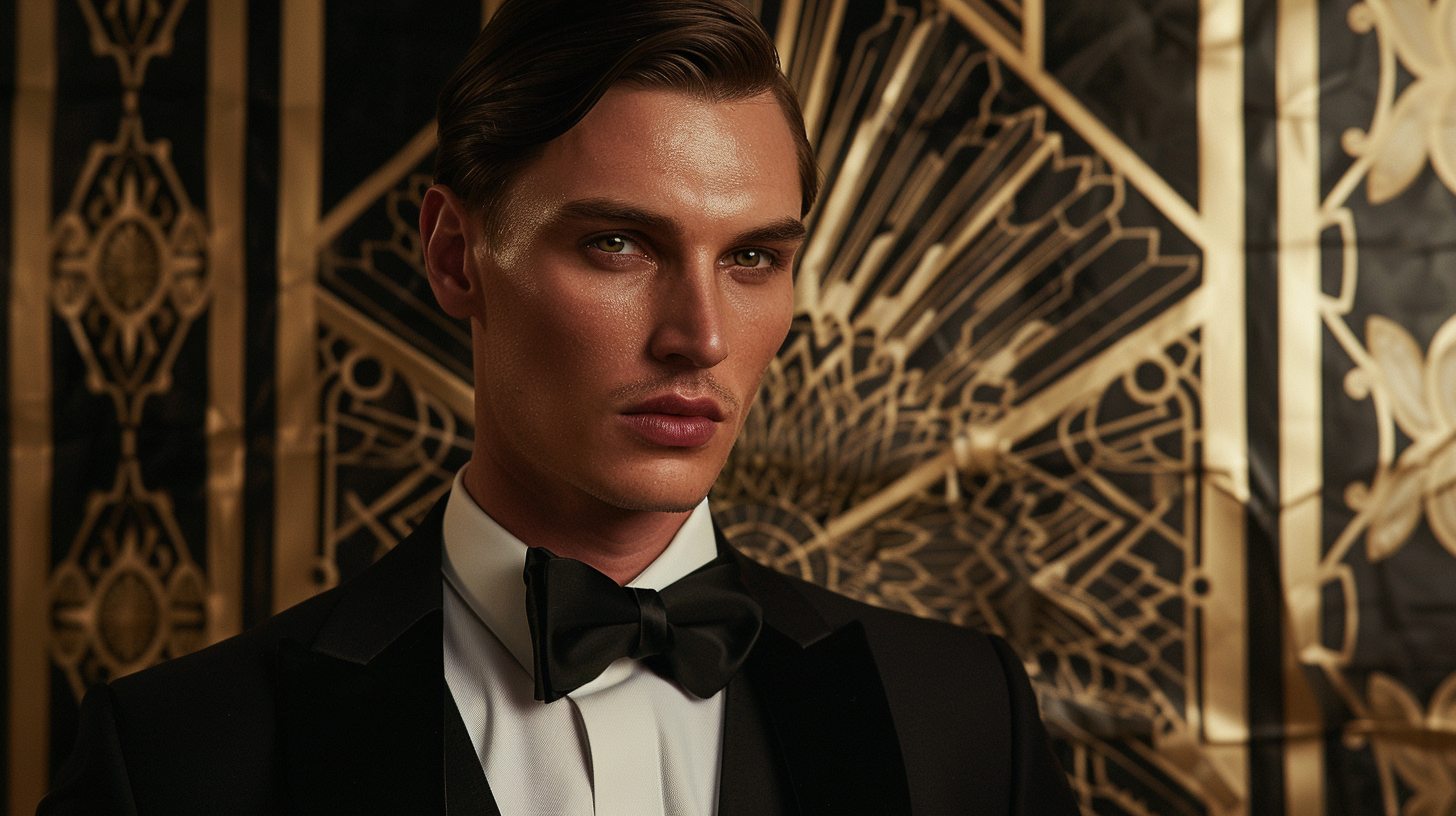 A man in a 1920s-style tuxedo with satin peak lapels, bow tie, classic white shirt, slicked-back hair. Vintage vibe inspired by The Great Gatsby. Art Deco background, black-tie party setting.