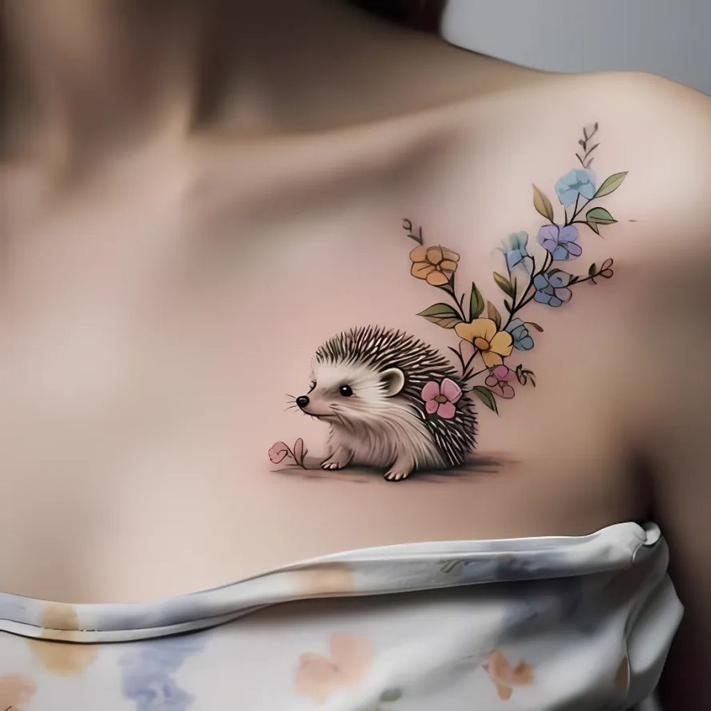 Hedgehog with Flowers Tattoo
