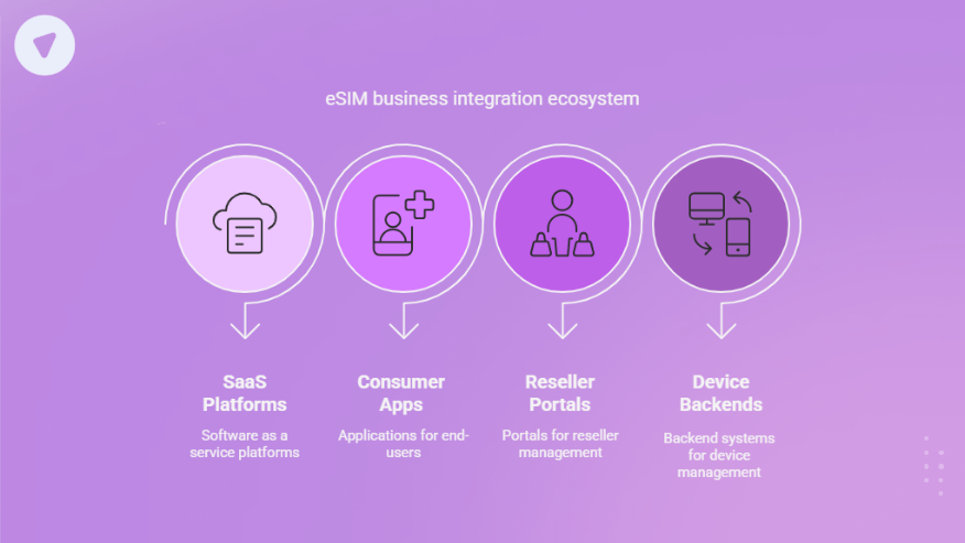Visual representation of the eSIM business integration ecosystem, showing interconnected components including SaaS platforms, consumer apps, reseller portals, and device backends essential for seamless eSIM deployment.