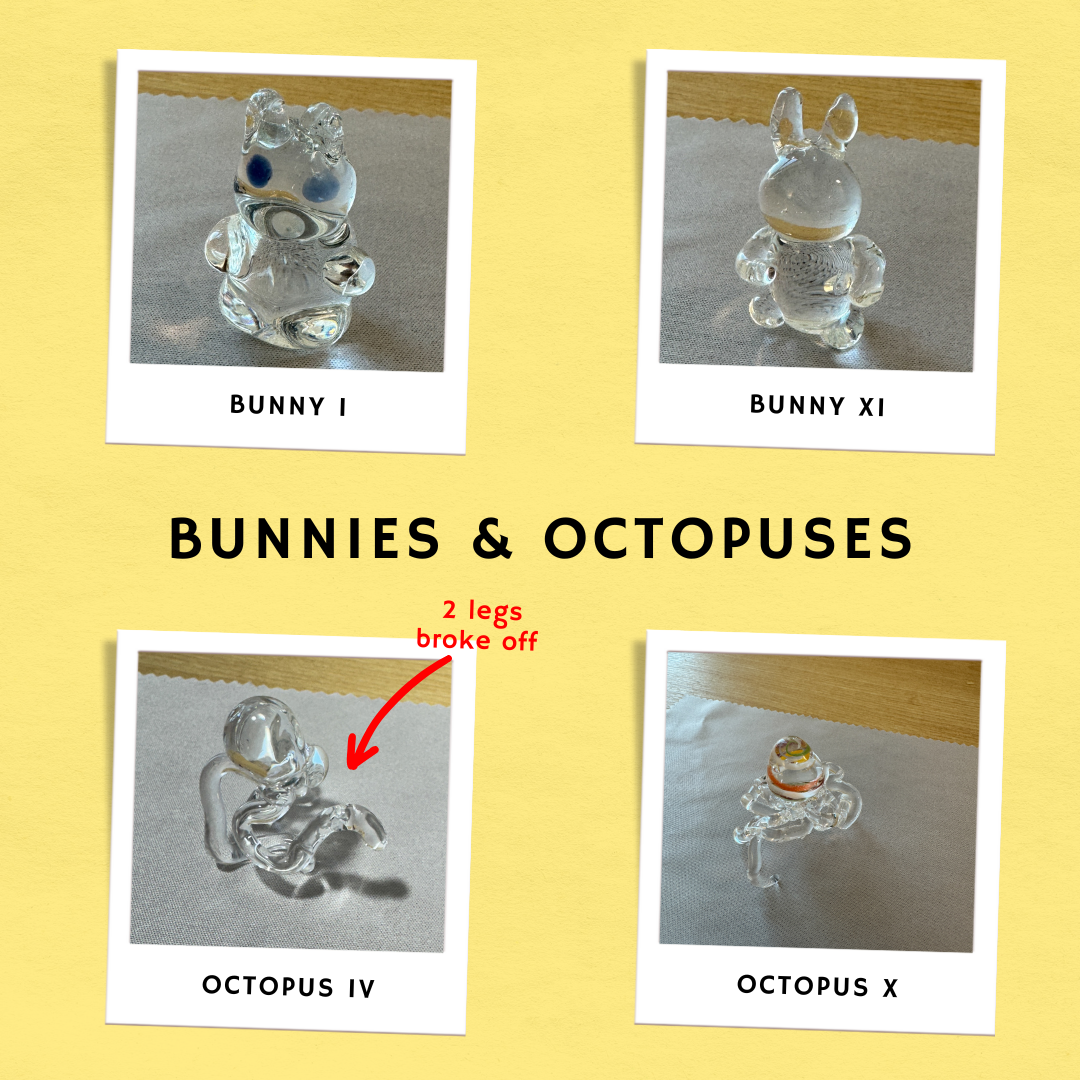 Two photos of glass bunnies and two photos of glass octopi, with the first octopus' two legs broken off.