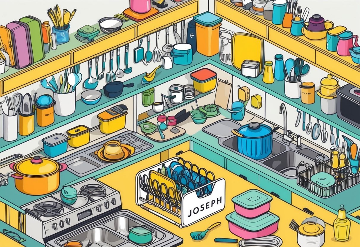 A cluttered kitchen with various utensils and containers, showcasing the Joseph Joseph Nest Storage 5 Smart Storage Solutions in use