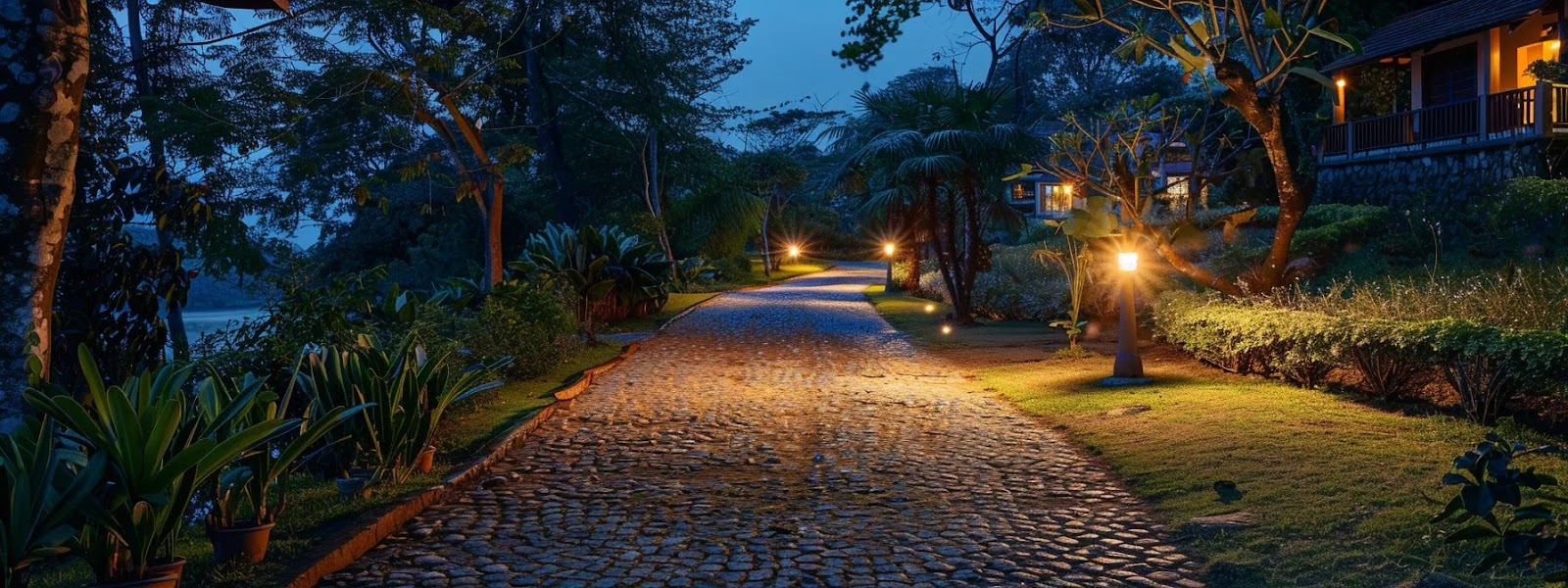 a well-lit pathway at night leading to a house with strategically placed lights illuminating the surrounding landscape, enhancing security and safety.