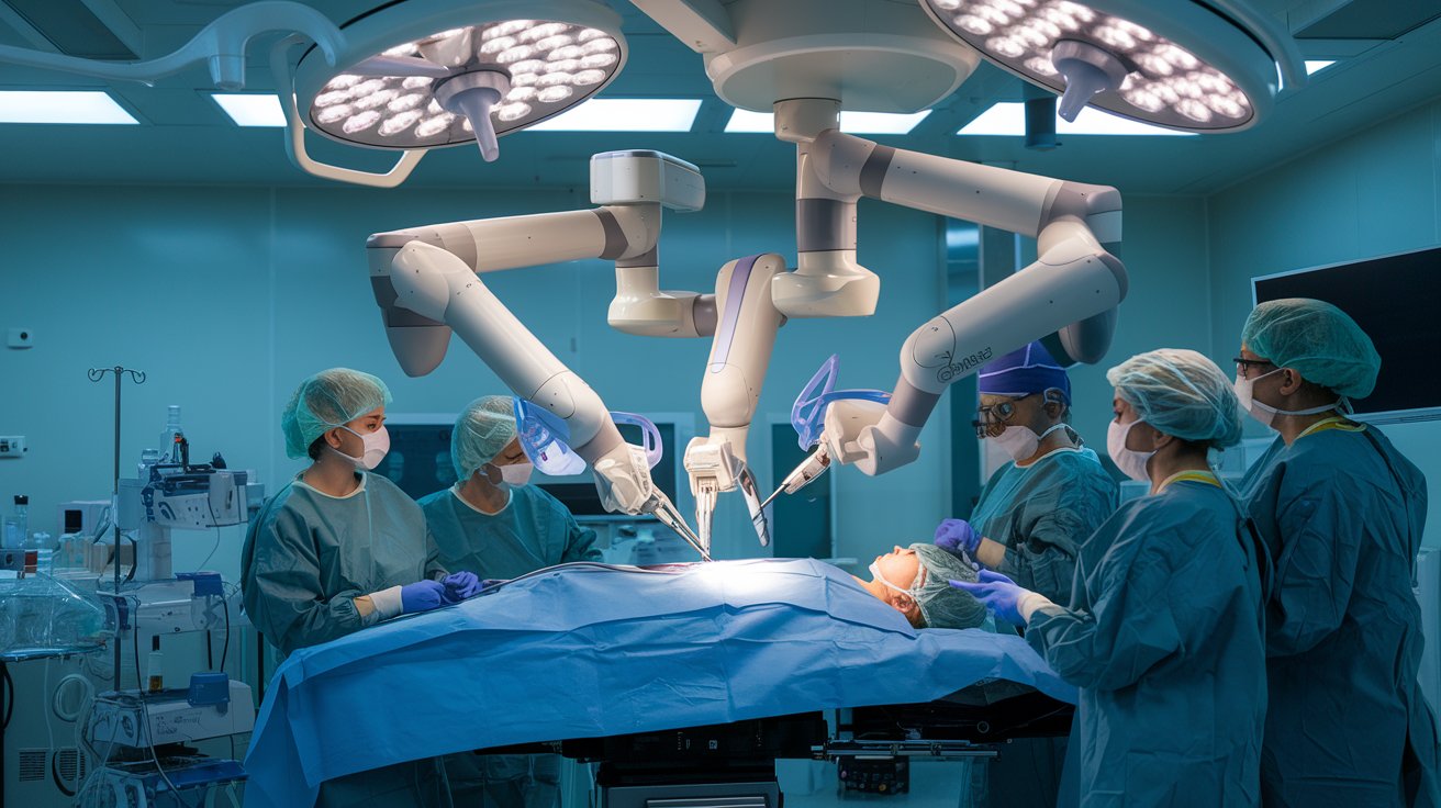 A surgical robot assisting in a complex procedure.