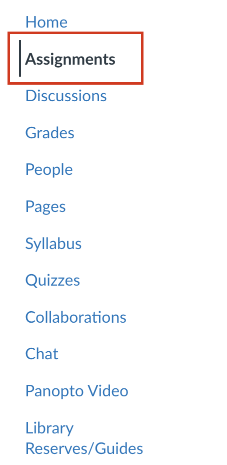 Screenshot of the left-side navigation bar of a Canvas course site with the location of the Assignments tab being indicated. 