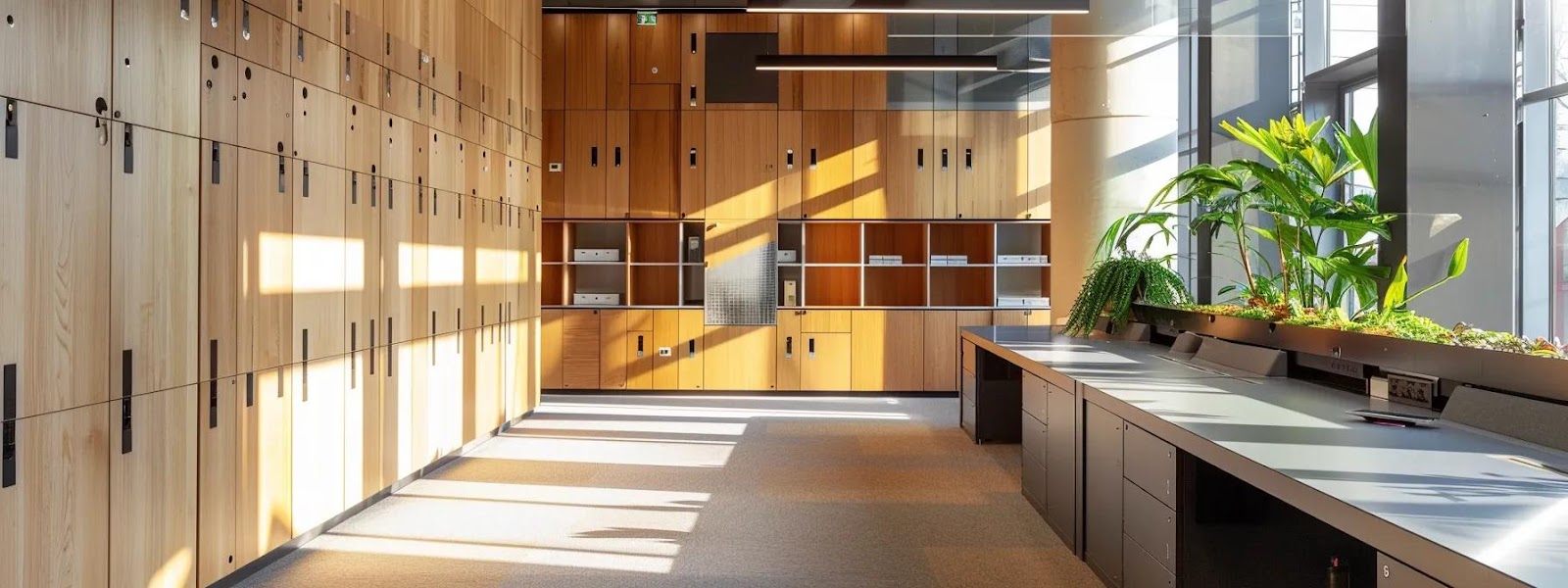 a modern office space showcases sleek, sustainable lockers made of recycled steel, with eco-friendly finishes, emphasizing a commitment to environmental responsibility and corporate social responsibility initiatives.