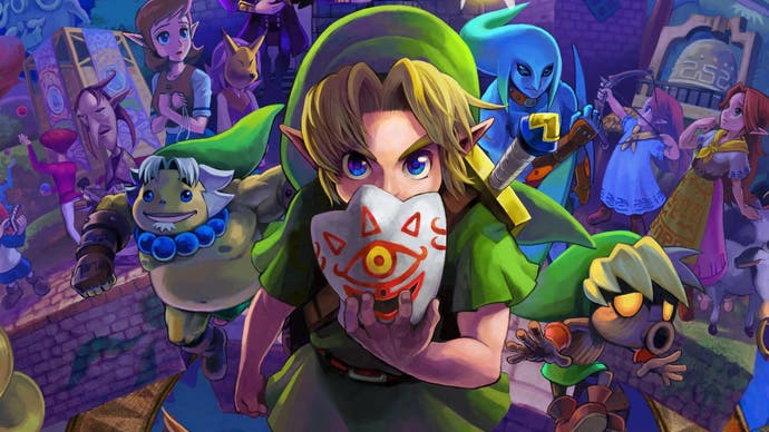 Sebuah ilustrasi untuk permainan Zelda Majora's Mask, dengan pahlawan Link berdiri dekat dengan penonton sambil memegang Topeng Majora di atas setengah wajahnya.