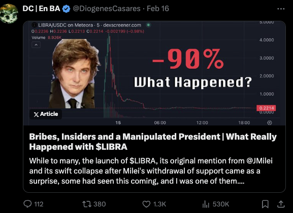 X post from Diogenes casares about what happened with $LIBRA