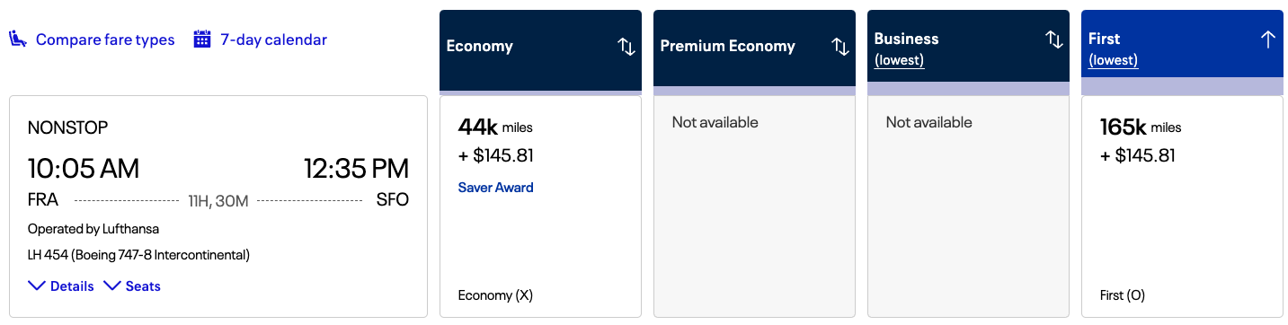 FRA to SFO in Lufthansa first class booked via United