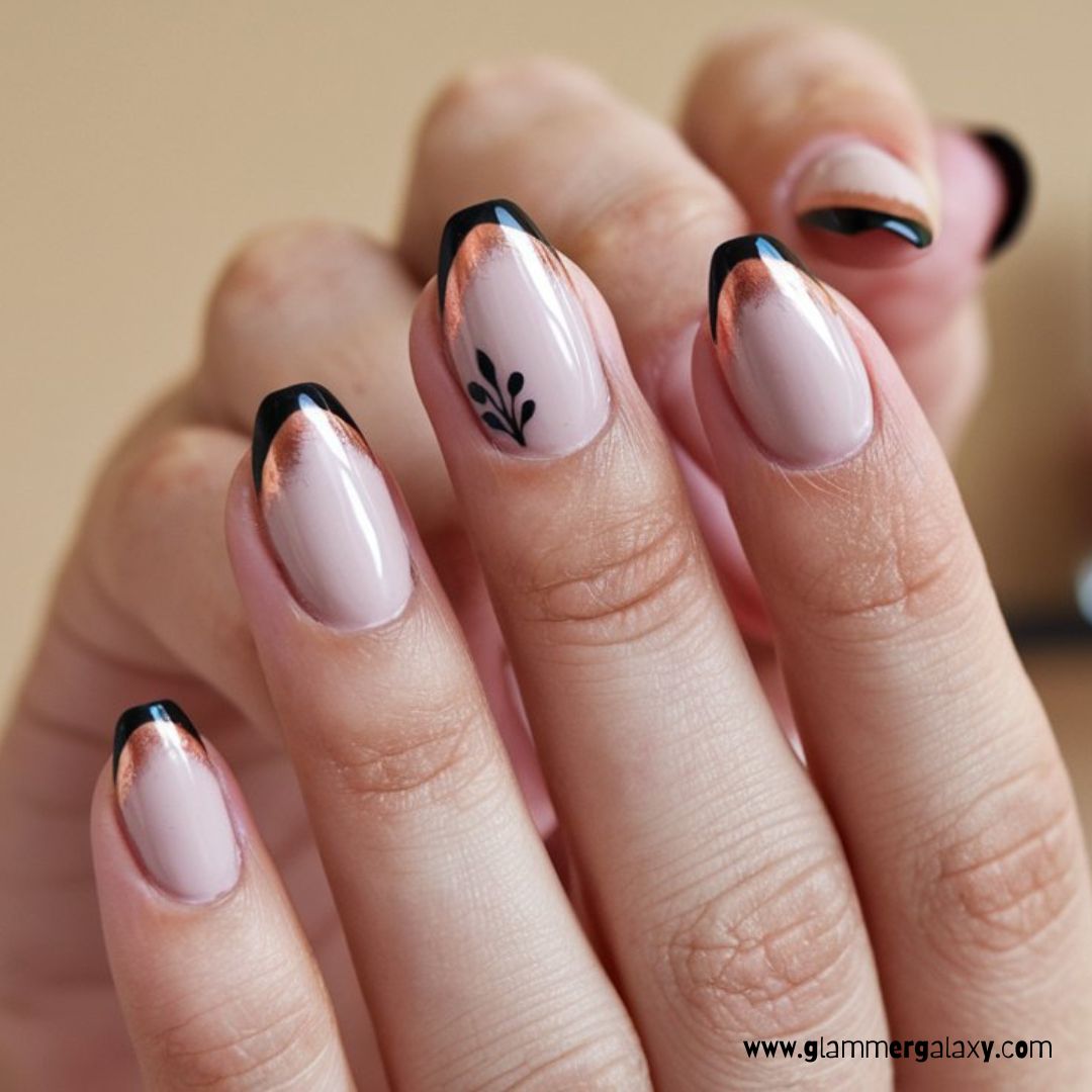 Black and Rose Gold Nail Designs having Marble Nail Art with Black and Rose Gold Details
