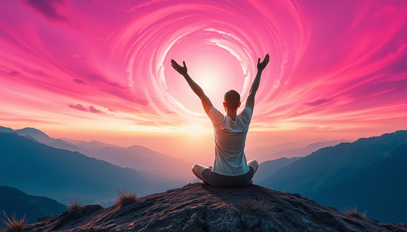 A person sitting cross-legged on a mountaintop, with their arms raised up towards the sky in a gesture of letting go. The sky is a vibrant gradient of pink and orange, with clouds swirling around them like a vortex. Behind them, the mountains fade into the distance, creating a sense of openness and surrender. There is a feeling of peacefulness and surrender in the image, as if the person has let go of control and is allowing the universe to guide them.