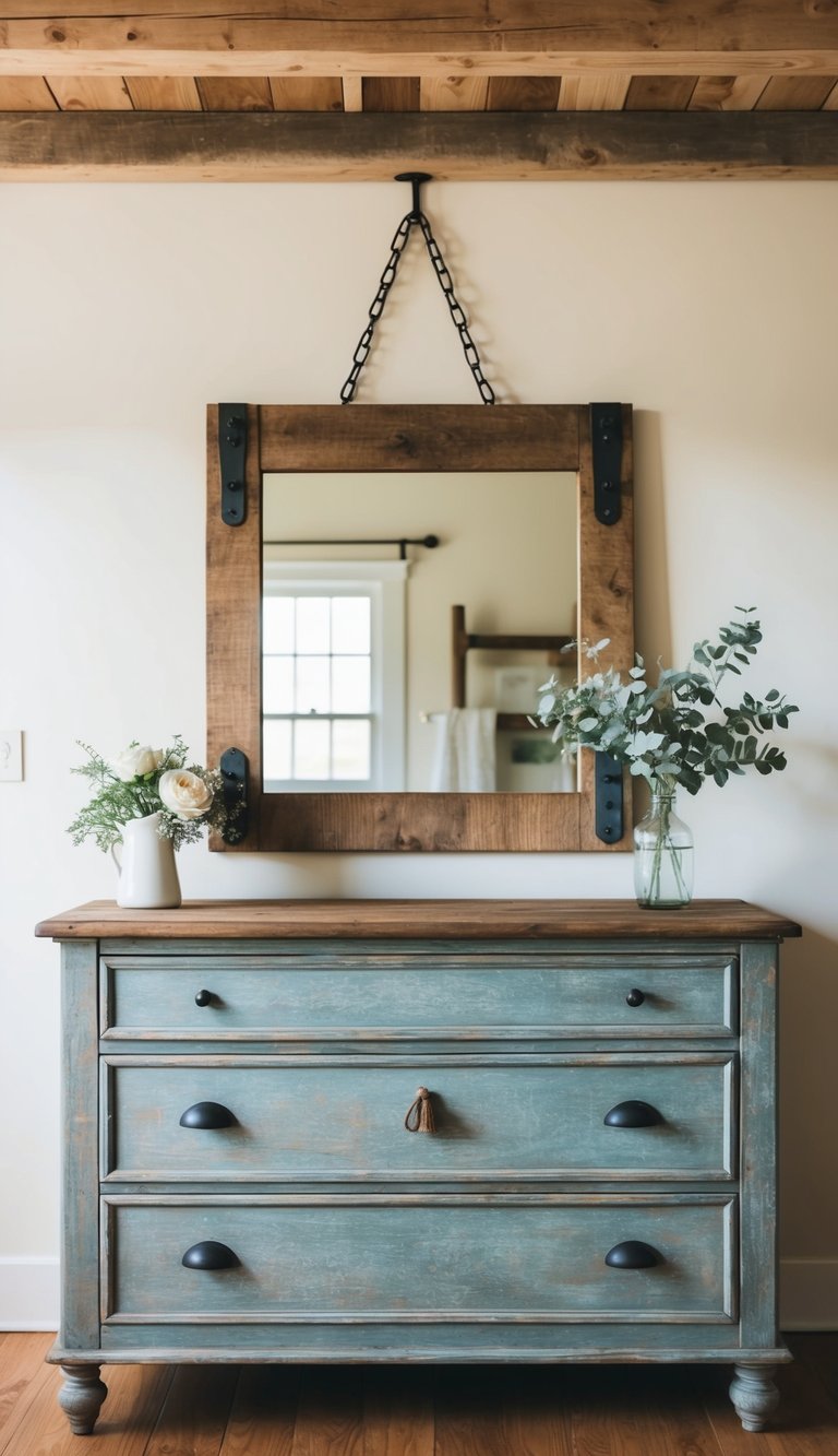 A rustic farmhouse mirror hangs above a weathered wooden dresser in a cozy country farmhouse bedroom