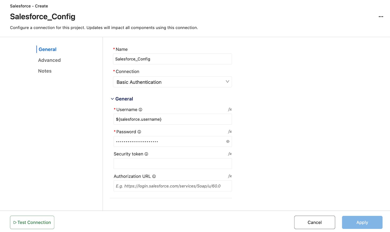 Image 3: Using the new connector configuration UI to configure a Salesforce connector