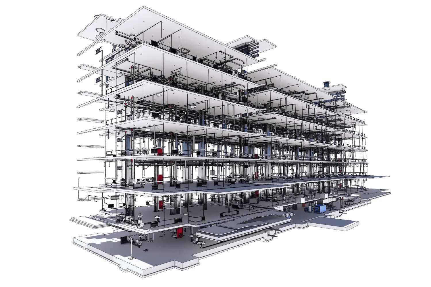 A detailed architectural cutaway rendering of a multi-story building, created using advanced BIM software, showcasing each floor's interior structure including rooms, walls, and various building components.