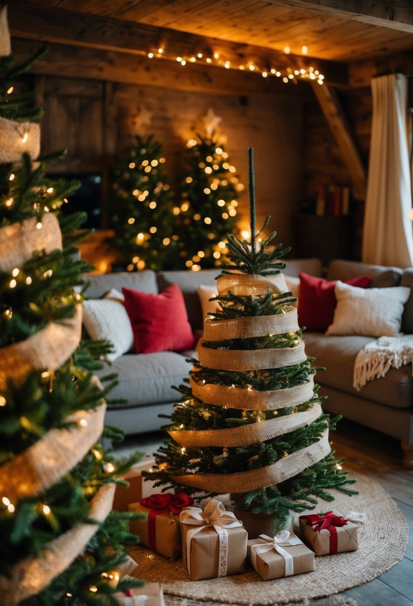 A cozy living room adorned with burlap ribbon-wrapped Christmas trees, nestled in a rustic setting with warm, glowing lights