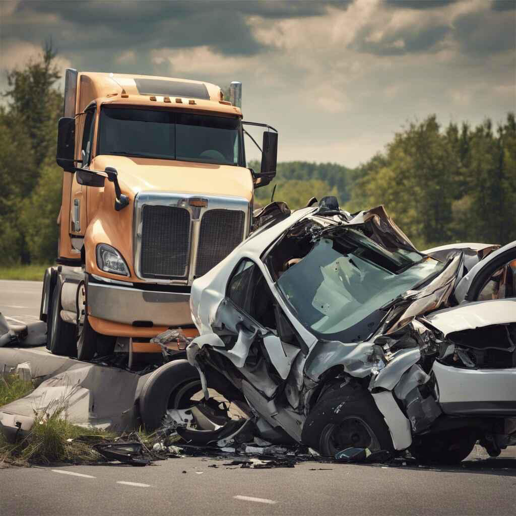 A Truck Accident collision scene involving a smaller vehicle. 
