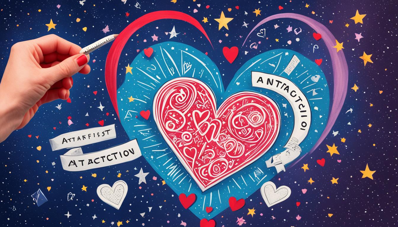 A hand drawing a heart-shaped magnet pulling towards another magnet with the word "attraction" written on it. Surrounding the magnets are various symbols of love such as roses, hearts, and Cupid's arrow. In the background is a starry night sky with the words "Manifest Your Desired Person" written in bold letters.