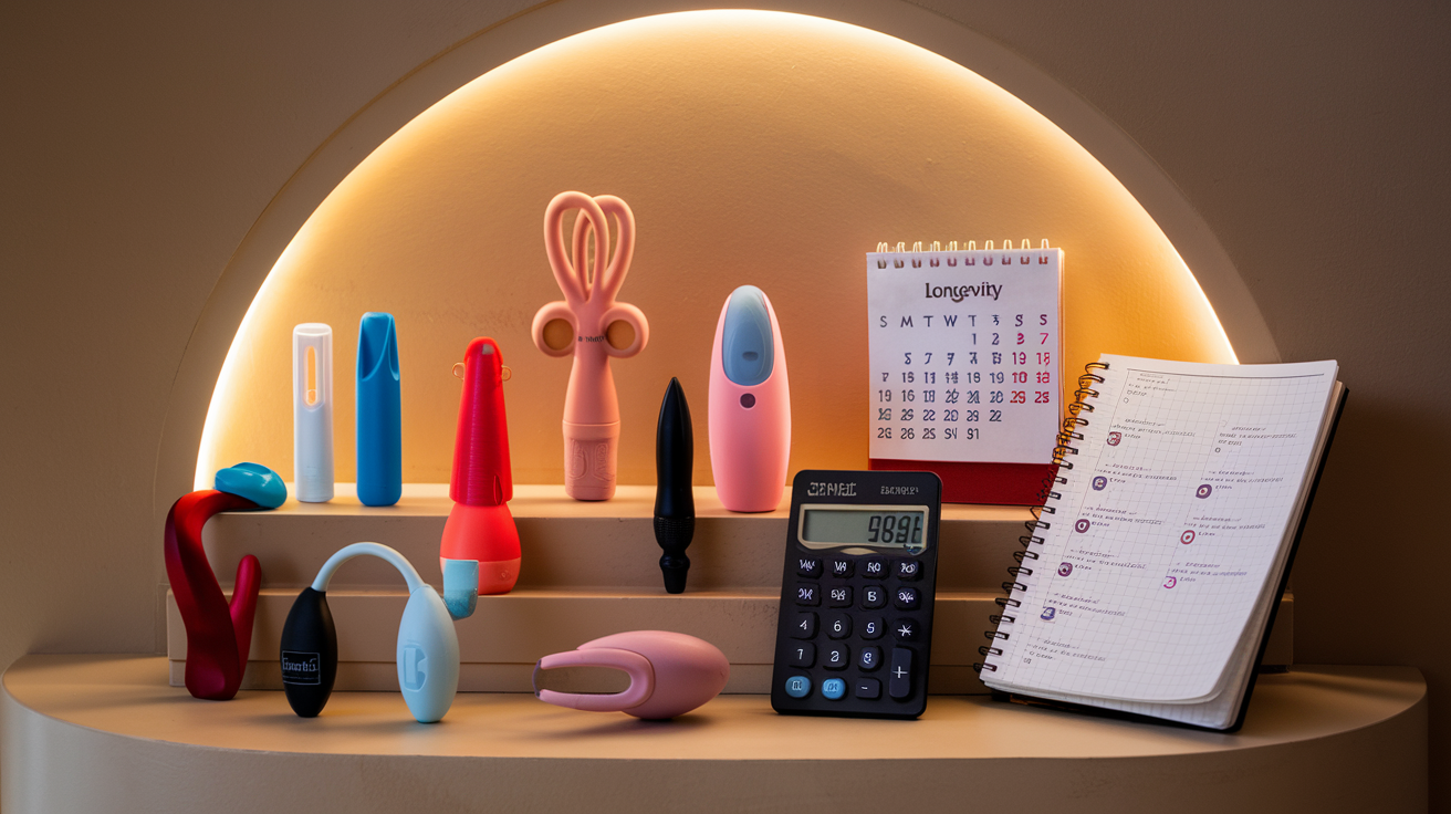 Create a realistic image of a diverse group of high-quality sex toys displayed on a shelf with price tags, next to a calculator, notebook with budget calculations, and a calendar showing longevity, all bathed in warm, inviting lighting to emphasize the theme of budgeting while considering quality and lifespan of intimate products.
