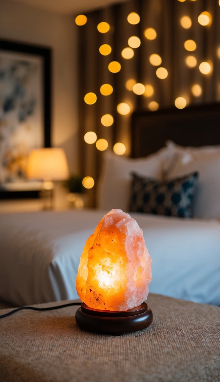 A Himalayan salt lamp illuminates a cozy master bedroom, casting a warm and romantic glow over the elegant decor