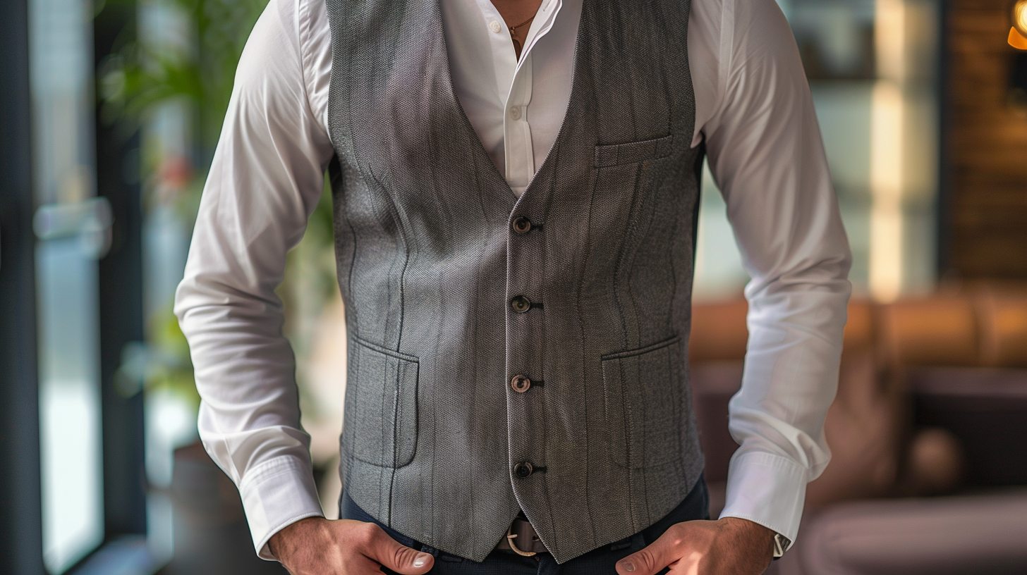 Man wearing a notched-lapel vest, subtle notch details near the collar, styled with business-casual attire, hands in pockets, contemporary office setting, versatile and polished, modern lighting