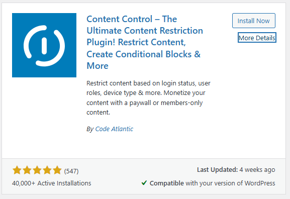 a screenshot of content control plugin