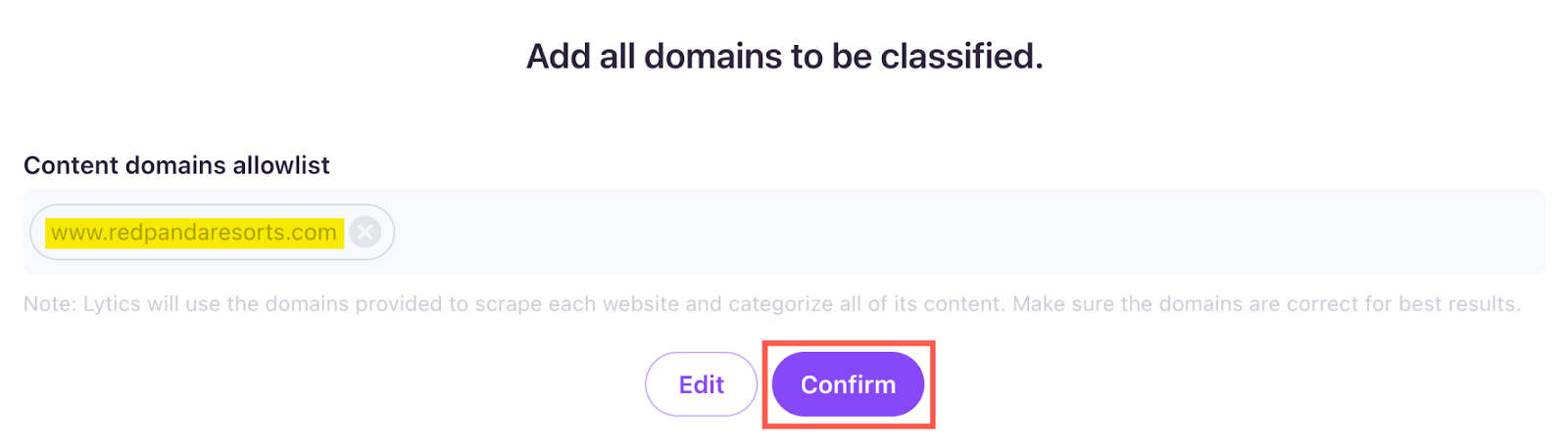 “Confirm” button highlighted to save the allowed content domain
