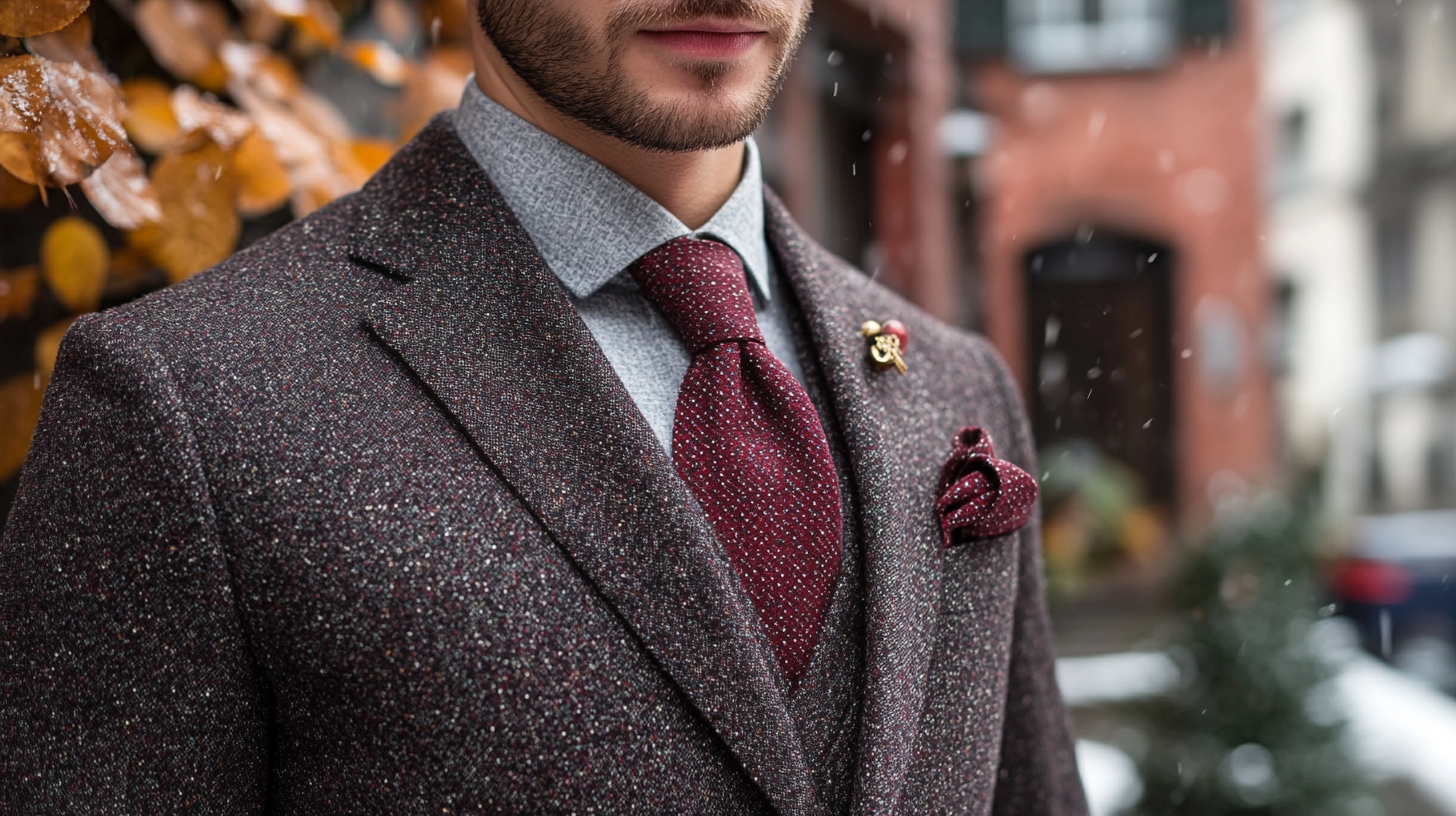 
Add a touch of elegance with burgundy accessories, such as a tie or pocket square. The rich, warm tones of burgundy beautifully complement brown shoes, offering a refined pop of color to your black suit while keeping the overall look stylish and sophisticated.