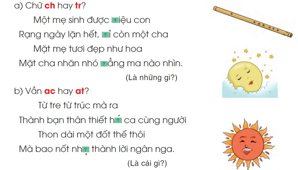 BÀI 14: CÔNG CHA NGHĨA MẸChia sẻCâu 1: Trong mỗi bức tranh dưới đây, bố mẹ đang làm gì?Giải nhanh:Tranh 1: Mẹ nấu ăn, bố lau nhàTranh 2: Bố mẹ cuốc đất ngoài đồngTranh 3: Mẹ đưa em đến trườngTranh 4: Bố chăm bạn nhỏ khi bạn ấy ốmCâu 2: Sử dụng tranh, ảnh em mang đến lớp, giới thiệu về bố (mẹ) của emGợi ý:Bố (mẹ) em bao nhiêu tuổi, làm nghề gì?Bố (mẹ) yêu quý em như thế nào?Giải nhanh:Bố em tên là Cao Ngọc Lĩnh, bố em năm nay 37 tuổi là một kỹ sư cầu đường. Mẹ em tên là Nguyễn Ngọc lan, mẹ em năm nay 33 tuổi là một nhân viên văn phòng.BÀI ĐỌC 1: CON CHẢ BIẾT ĐƯỢC ĐÂUĐọc hiểu Câu 1: Bài thơ là lời của ai nói với ai?Trả lời:Bài thơ là lời của mẹ nói với em bé trong bụngCâu 2: Mẹ và bố chuẩn bị những gì để đón con ra đời?Trả lời:Để đón con chào đời, bố và mẹ đã chuẩn bị: thêu khăn có hoa và có lá, mua chăn, giặt áo, viết thơ.Câu 3: Các anh quan tâm đến em bé sắp sinh như thế nào?Trả lời:Các anh quan tâm đến em bé sắp sinh khi hỏi mẹ: Bao giờ sinh em bé?Câu 4: Em hiểu  con đường tít tắp