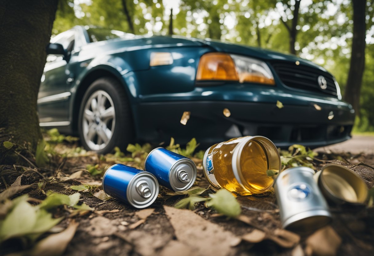 A car crashed into a tree, with a broken bottle and empty beer cans scattered on the ground nearby. Skid marks lead to the scene