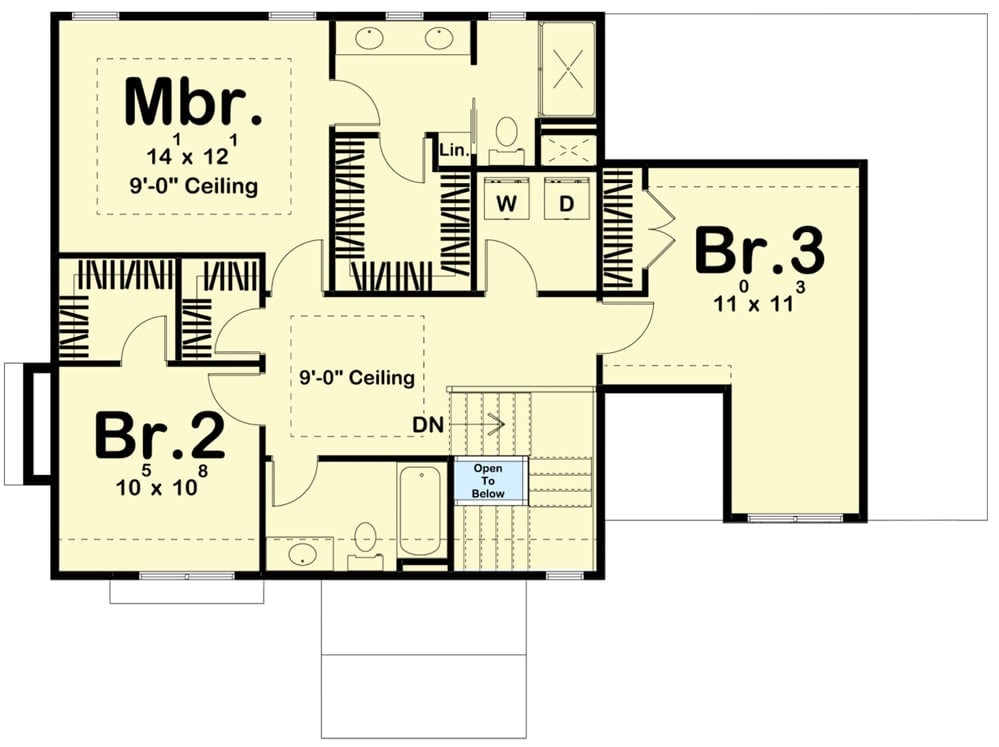 Second level floor plan with three bedrooms and two baths.