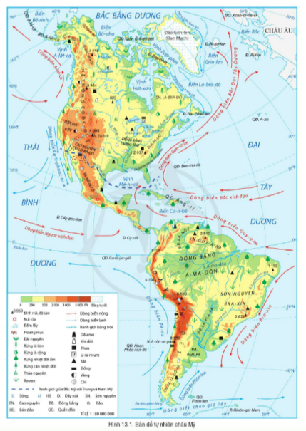 BÀI 14. ĐẶC ĐIỂM TỰ NHIÊN BẮC MỸSự phân hóa địa hìnhCâu 1: Đọc thông tin và quan sát hình 13.1, hãy trình bày sự phân hoá địa hình của Bắc Mỹ.Đáp án chuẩn: 3 khu vực: dãy núi, đồng bằng trung tâm, miền núi già Sự phân hóa khí hậuCâu 1: Đọc thông tin và quan sát hình 14.1, hãy nêu sự phân hoá khí hậu của Bắc Mỹ.Đáp án chuẩn: - Theo chiều bắc - nam, 3 đới khí hậu:  cực và cận cực; ôn đới; cận nhiệt đới.- Theo chiều đông - tây, đới khí hậu ôn đới và cận nhiệt đới Đặc điểm sông, hồCâu 1: Đọc thông tin và quan sát hình 13.1, hình 14.1, hãy cho biết đặc điểm sông, hồ của Bắc Mỹ.Đáp án chuẩn: Mạng lưới sông khá dày và phân bố tương đối đồng đều. Đặc điểm các đới thiên nhiênCâu 1: Đọc thông tin và quan sát hình 13.1, hình 14.1, hãy cho biết Bắc Mỹ có những đới thiên nhiên nào. Mô tả đặc điểm của một trong những đới thiên nhiên đó. Đáp án chuẩn: - Có 3 đới thiên nhiên: đới lạnh, đới ôn hoà, đới nóng- Đới ôn hoà: khí hậu ôn hoà với các mùa rõ rệt nền thiên nhiên khá đa dạng. Thực vật có rừng lá kim, rừng lá rộng, rừng hỗn hợp và thảo nguyên. Động vật phong phú.LUYỆN TẬPCâu 1: Hãy lập bảng mô tả đặc điểm 3 khu vực địa hình của Bắc Mỹ.Đáp án chuẩn: Hệ thống núi CoocđieĐồng bằng trung tâmMiền núi già và sơn nguyênNằm ở phía tây Bắc MỹNằm ở trung tâm Bắc MỹNằm ở rìa đông Bắc MỹVùng đất này có nhiều dãy núi song song, xen giữa là cao nguyên và bồn địa, với địa hình cao và hiểm trở.diện tích rộng lớn, địa hình cao ở phía tây bắc và thấp dần về phía nam và đông nam.Bao gồm dãy núi A-pa-lát và sơn nguyên La-bra-đô, địa hình tương đối thấpVẬN DỤNG