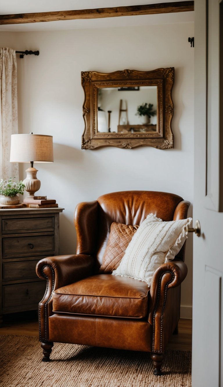 A vintage leather armchair sits in a cozy, rustic bedroom with vintage farmhouse decor