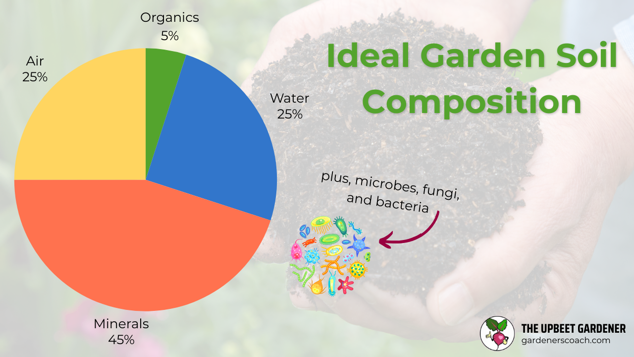 Ideal Garden Soil Composition. Pie chart diagram shows 25% air, 5% organics, 25% water, 45% minerals, plus an illustration representing microbes, fungi, and bacteria on a background depicting a man holding two hands full of compost.