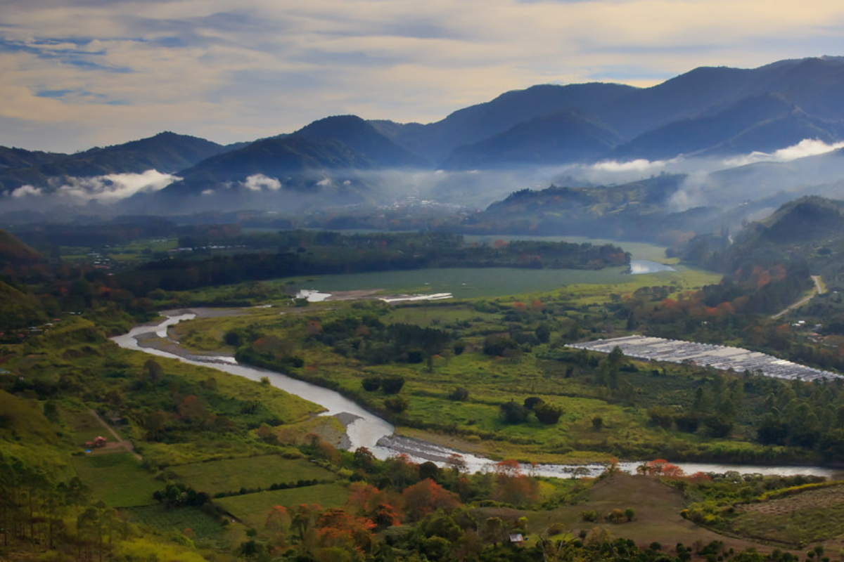 It's beautiful view of mountain near Cartago and there are so many trees colored in orange as well and there is long river 