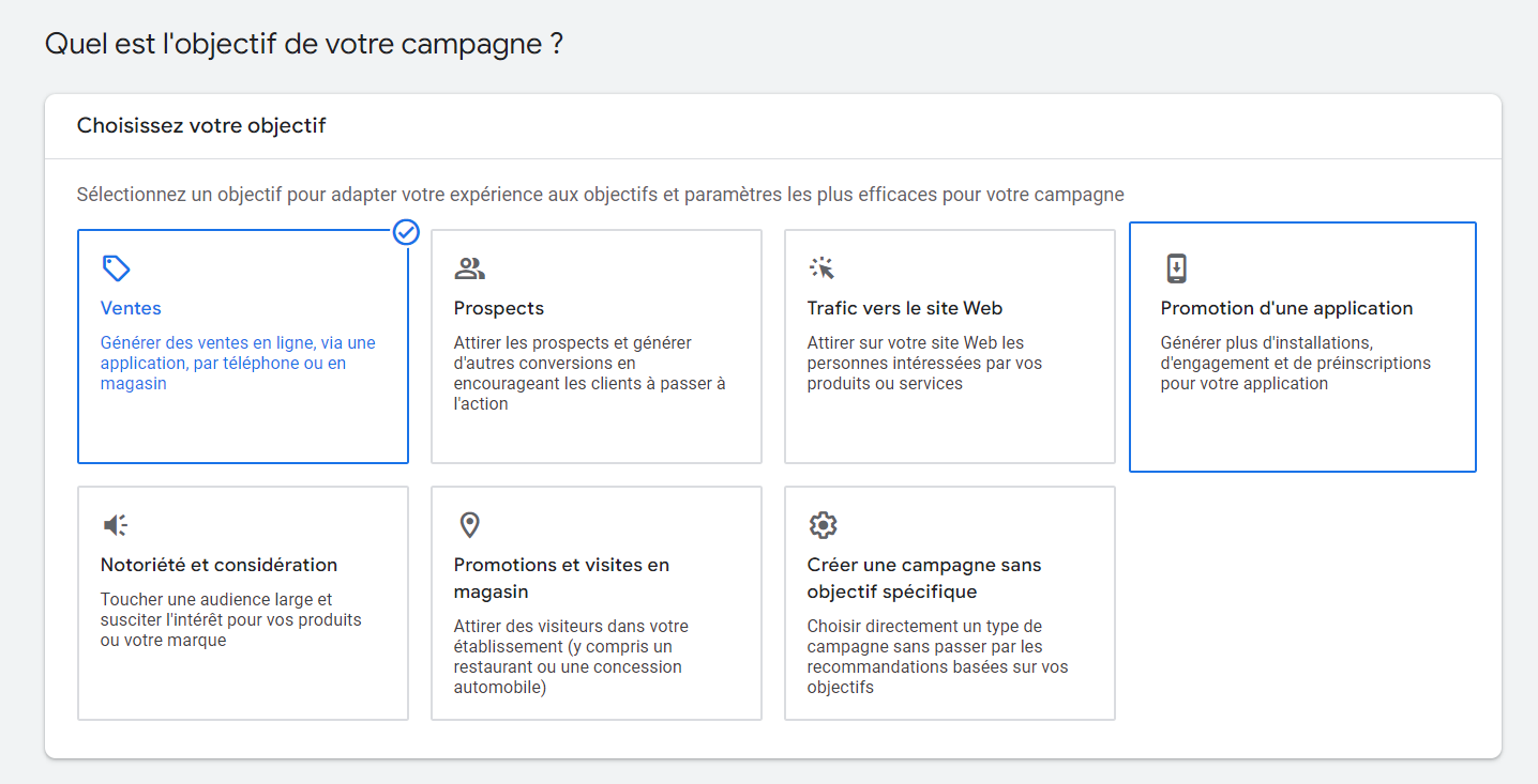 Les différents objectifs possibles d'une campagne Performance Max.