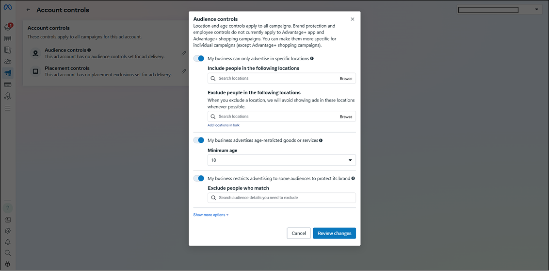 Setting audience controls for Facebook ads