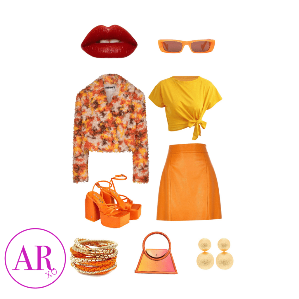 yellow crop top, yellow orange mini skirt, bright orange platform heels, multi colored blazer, gold jewelry, orange sunglasses, and orange small purse.