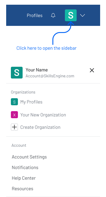 Screenshot of the top right corner of a SkillsEngine page with a blue arrow pointing to the user account icon and with the account sidebar open beneath it.